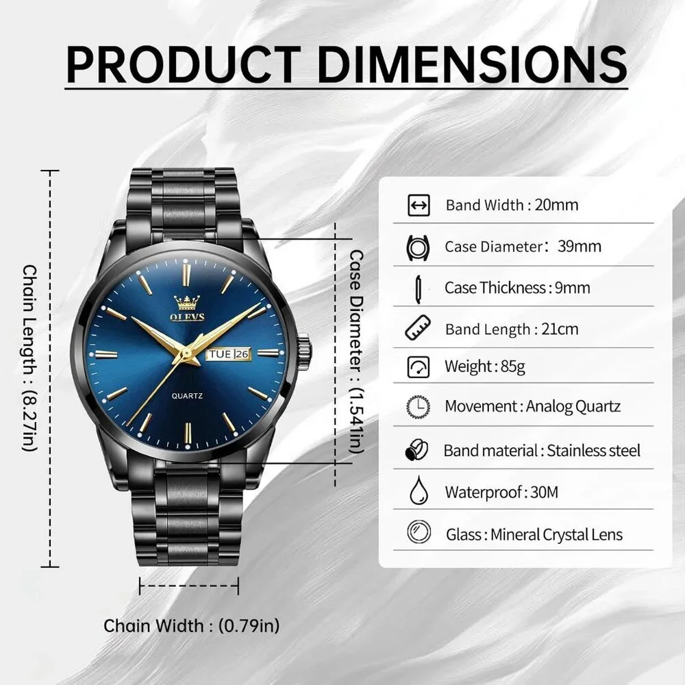 Olevs Men's Black Steel Blue-Dial Waterproof Stainless Luminous Stylish Watch